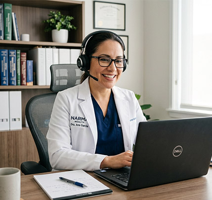 Doctora de Narma Health sonriendo mientras usa un computador y audífonos durante una consulta de telemedicina.