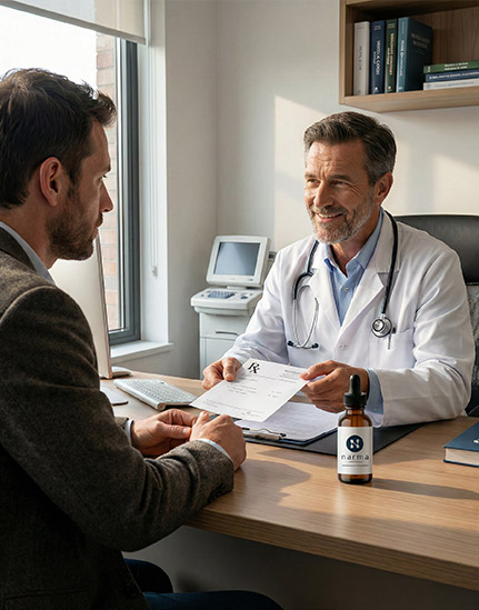 Médico sonriendo mientras le entrega una receta médica a un paciente en su consulta, con un frasco de aceite de cannabis Narma sobre el escritorio