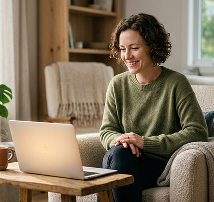 Mujer sonriendo cómodamente en el sillón de su casa mientras realiza una videollamada en su computador portátil.
