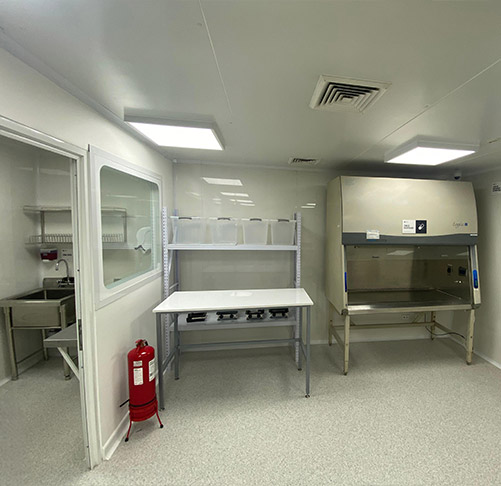 IInfraestructura de clase mundial en sala limpia de laboratorio con campana de bioseguridad
