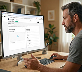 Hombre sentado frente a su computador de escritorio ingresando una receta médica en el portal web de Narma.